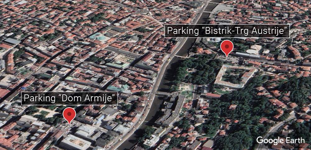 POTPIS: Parkinzi ispred „Doma Armije“ i na Bistriku. Elmedin Karišik je preko Sky aplikacije napisao Seidu Hadžibajriću kako će se za pet godina namiriti od parkinga pa će živjeti kao kraljevi (Ilustracija: Google Earth)